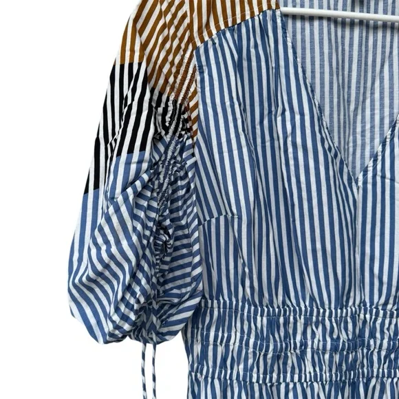 LOFT Midi Dress Large Striped Tie Puff Sleeve Blue Tan White Minimalist Cottage - Picture 5 of 6
